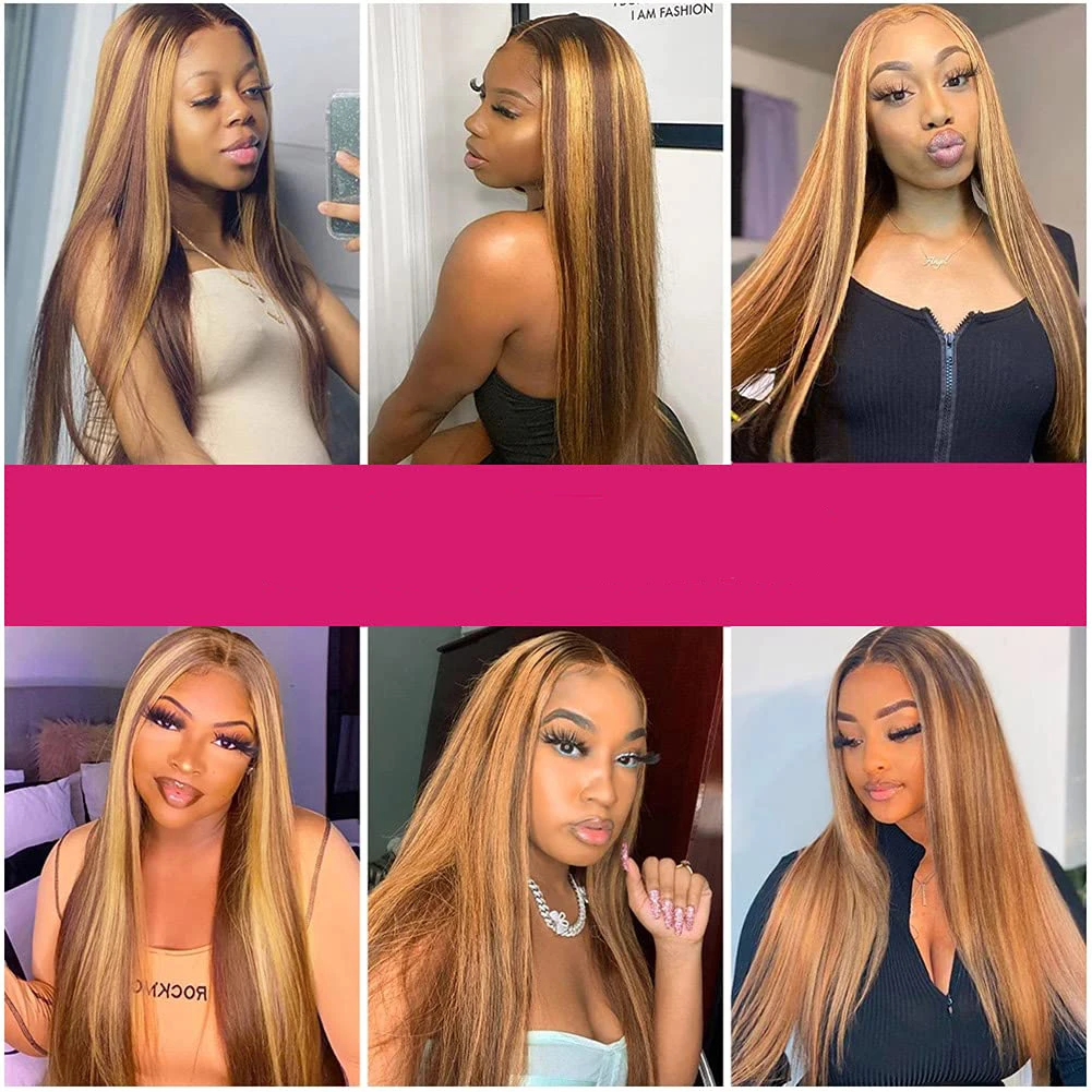 Ombre Highlight Bundles With Closure Straight Hair Bundles With Closure Free Part 3 Bundles with 4x4 Lace Closure #P4/27