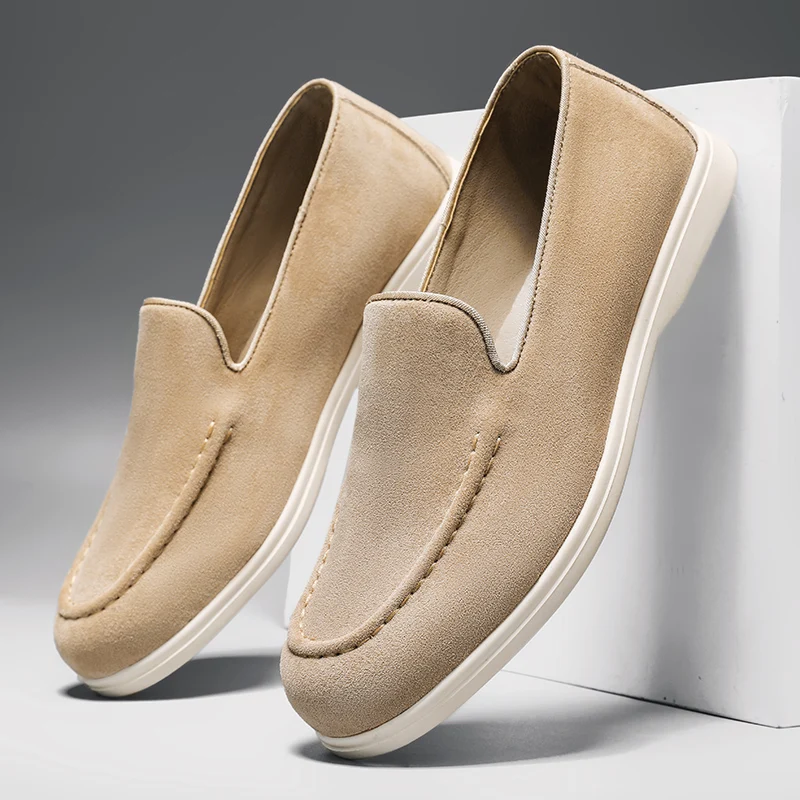 Men Fashion Loafers Thick Sole Platform Casual Shoes Hand-stitched Black Leather Slip-on Moccasins Male Sneakers Flats