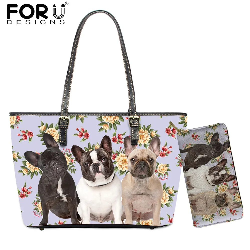 FORUDESIGNS Women Large Capacity Handbags Cute Dog with Flowers Prints Funny Cartoon Shopping Shoulder Bag Wallet for Teen Girls