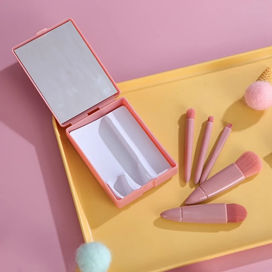 مجموعة واحدة من فرش المكياج الوردية، مع مرآة وصندوق تخزين، مقبض مريح، مناسب للمبتدئين والمحترفين