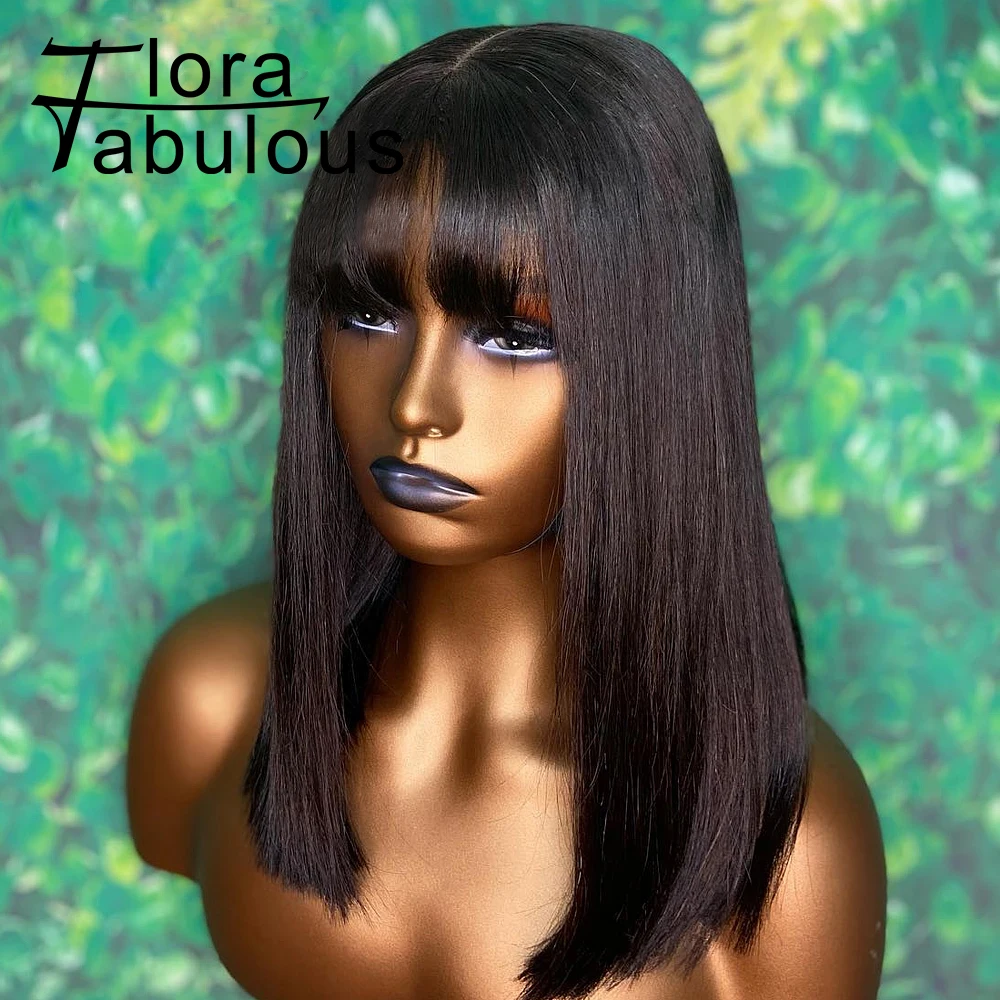 

Straight Bob 3X1 HD Lace Wigs With Bangs 180% Density Natural Black Glueless Fringe Wigs Brazilian Human Hair For Black Women