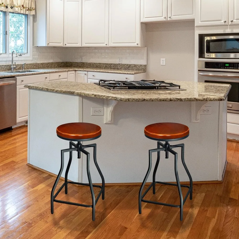 

Adjustable Swivel Metal Kitchen Counter Height Backless Barstool with Wood Veneer Seat