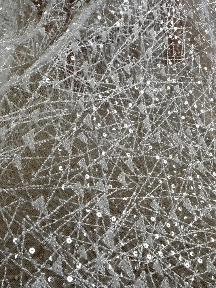 HelluyerDc Off white beaded lace fabric,simple embroidery for wedding prom dress fabric by the yard,can be use as lining