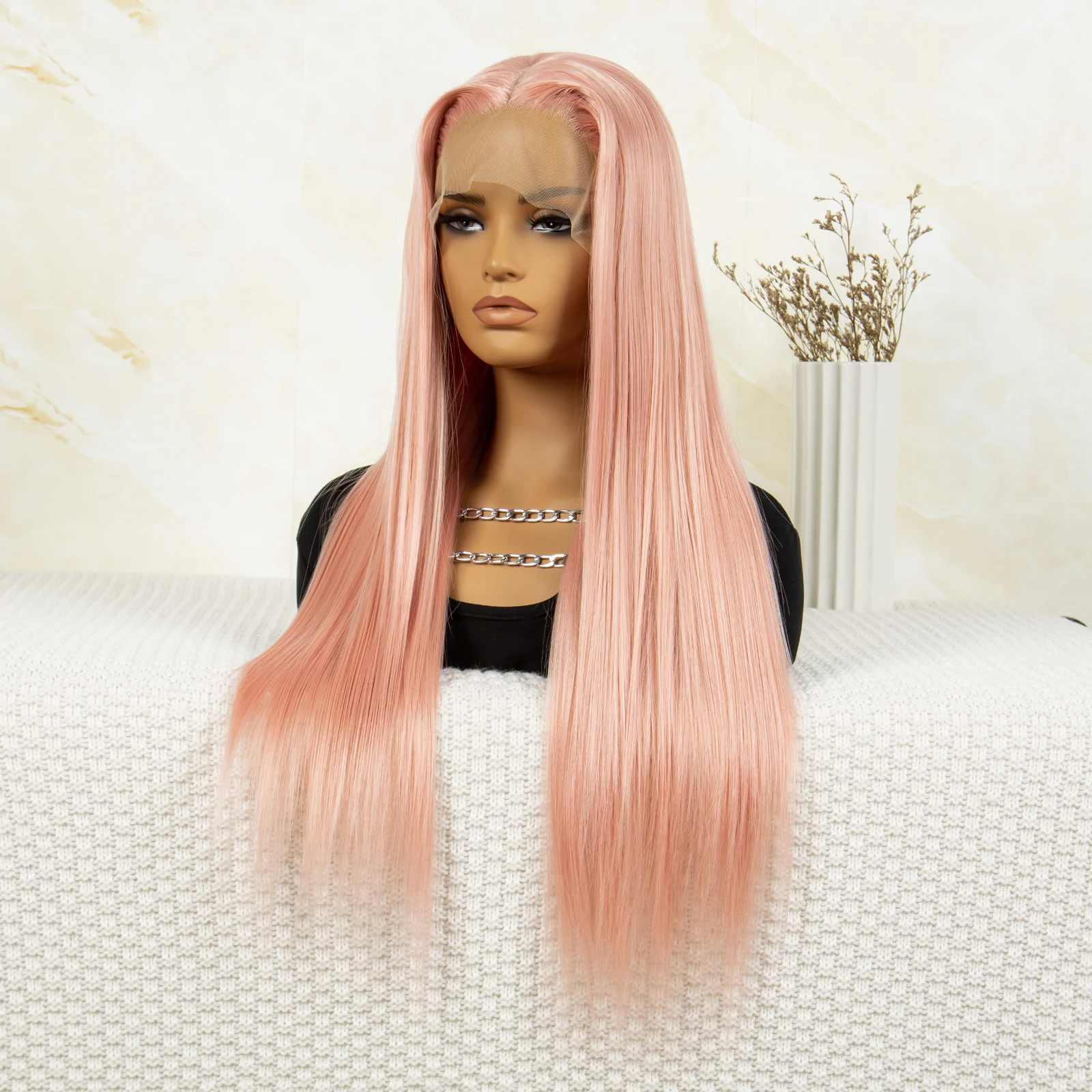 Light Pink Wig for Women Lace Front Synthetic Wig Bone Straight Pink Wig Cosplay Lace Frontal Wig High Temperature Fiber HD Lace