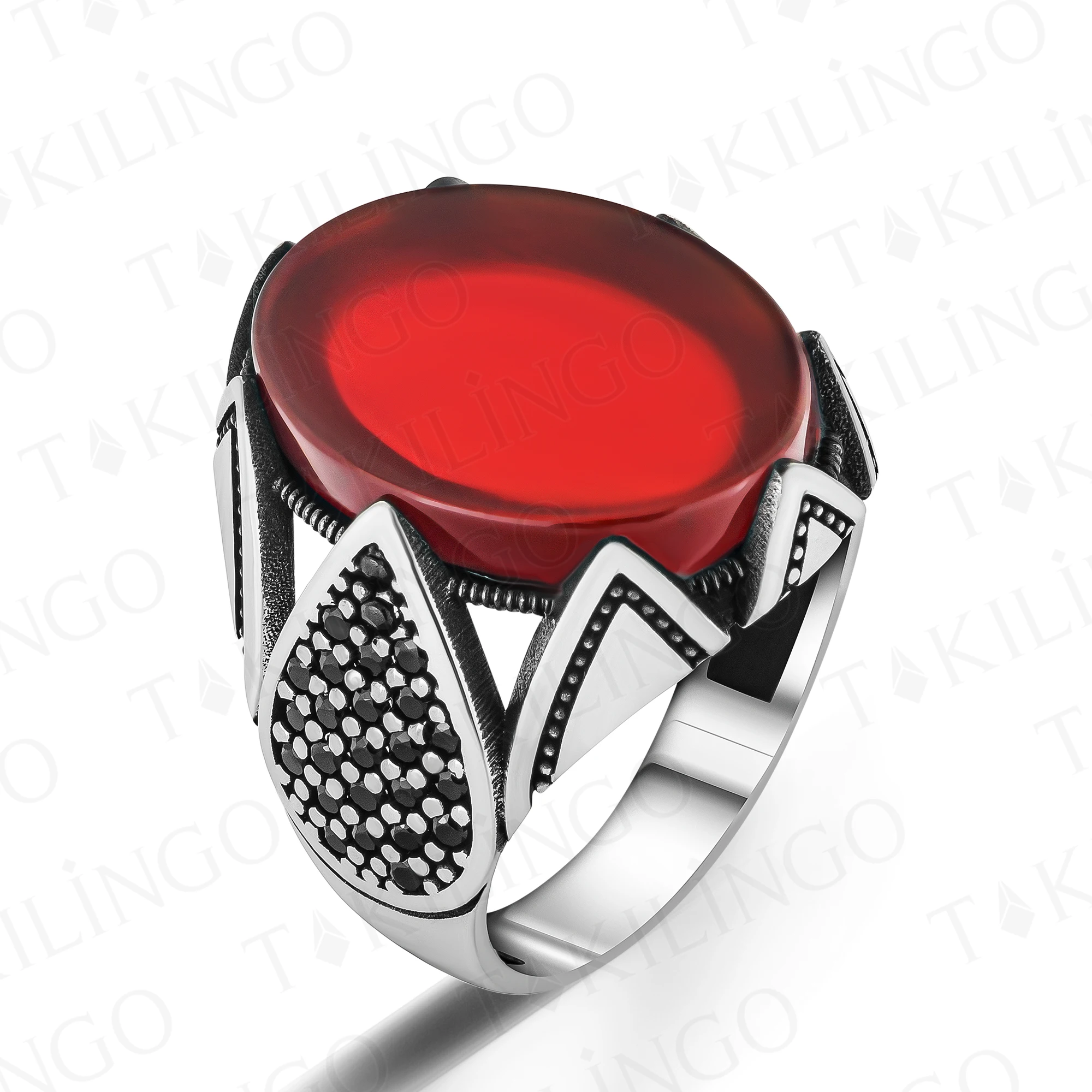 Solid 925 Sterling Silver Oval Red Agate Stone Men's Ring With Drop Design Zirconia High Quality Handmade Jewelry Gift For Him