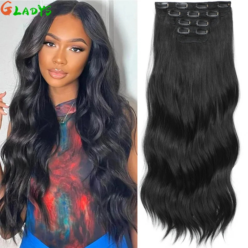 

Black Clip Ins Synthetic Hair Extensions High Temperature Fiber Body Wave 11 Clip Ins Daily Use Hair Piece ExtensionsFor Women