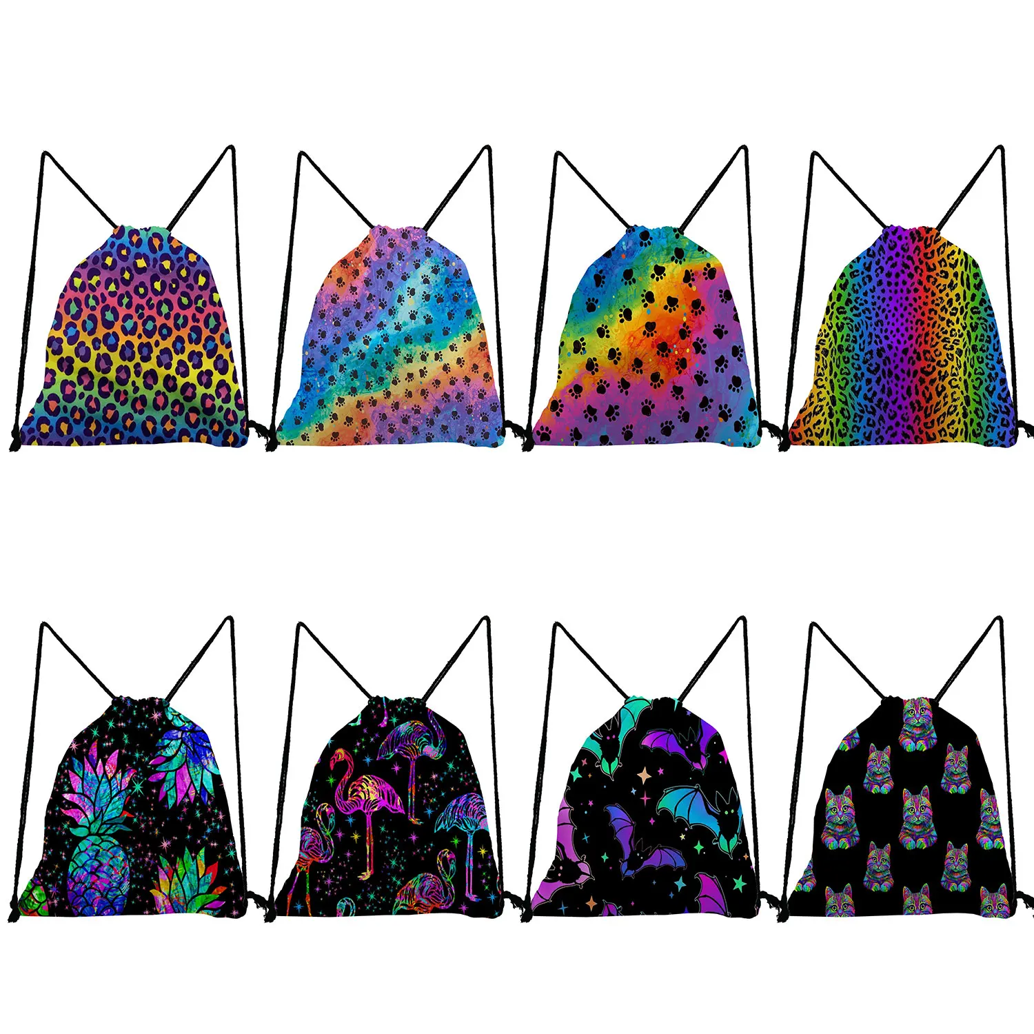 

Print Beautiful Rainbow Love Backpacks For Students Colorful Symphony Pineapple Leopard Animal Shoes Bag Women Drawstring Pocket