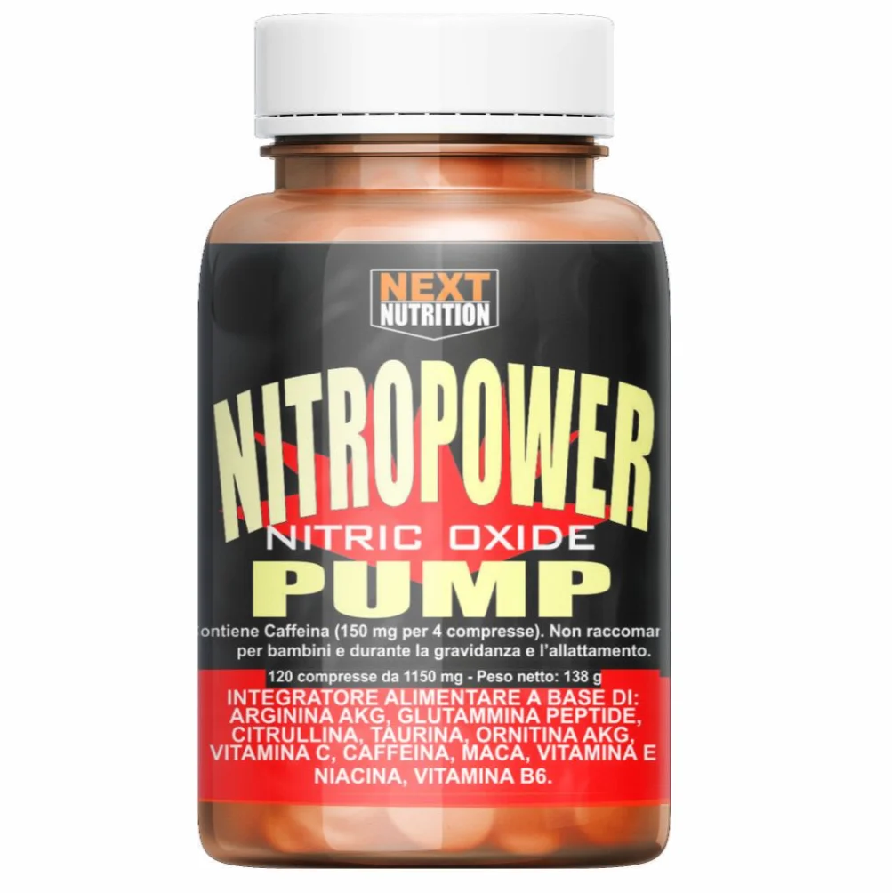 Nitro Power Pump Next Nutrition - Pre-Entrenamiento - Estimulante de Óxido Nítrico - Con Arginina AKG, Glutamina, L-Citrulina, L-Taurina, Ornitina AKG, Vitamina C, Cafeína, Maca, Vitamina E, Niacina, Vitamina B6. 120 Tabletas - Producidas en Italia