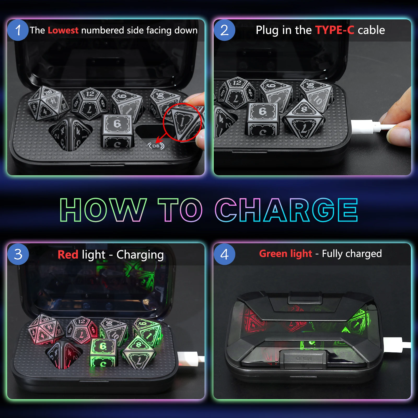 Conjunto de dados LED com estojo de carregamento - dados iluminados de 7 cores para jogos de mesa