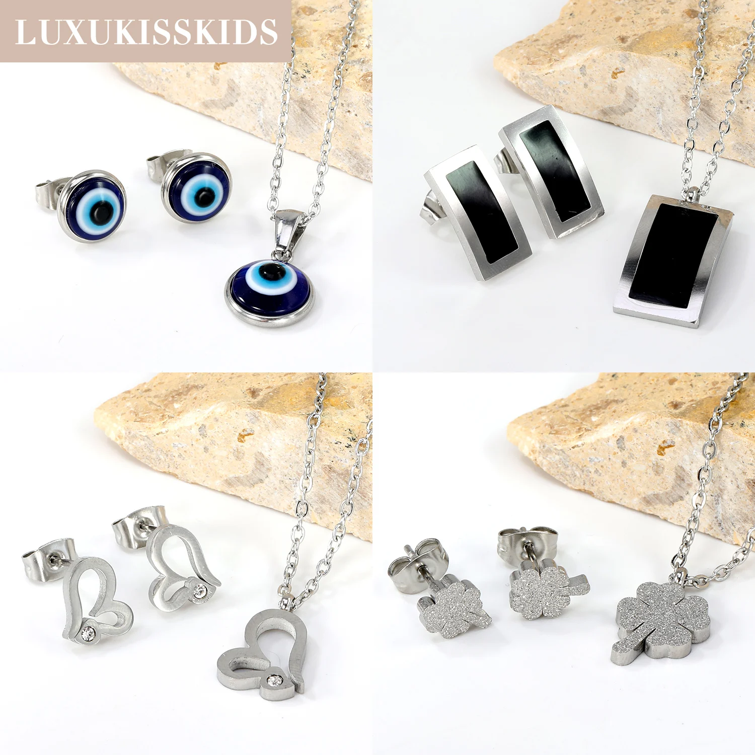 LUXUKISSKIDS Black Rectangle Shell Pendant Necklace Earrings Casual Blue Eyes Stainlesss Steel Silver Color Jewelry Set сережки