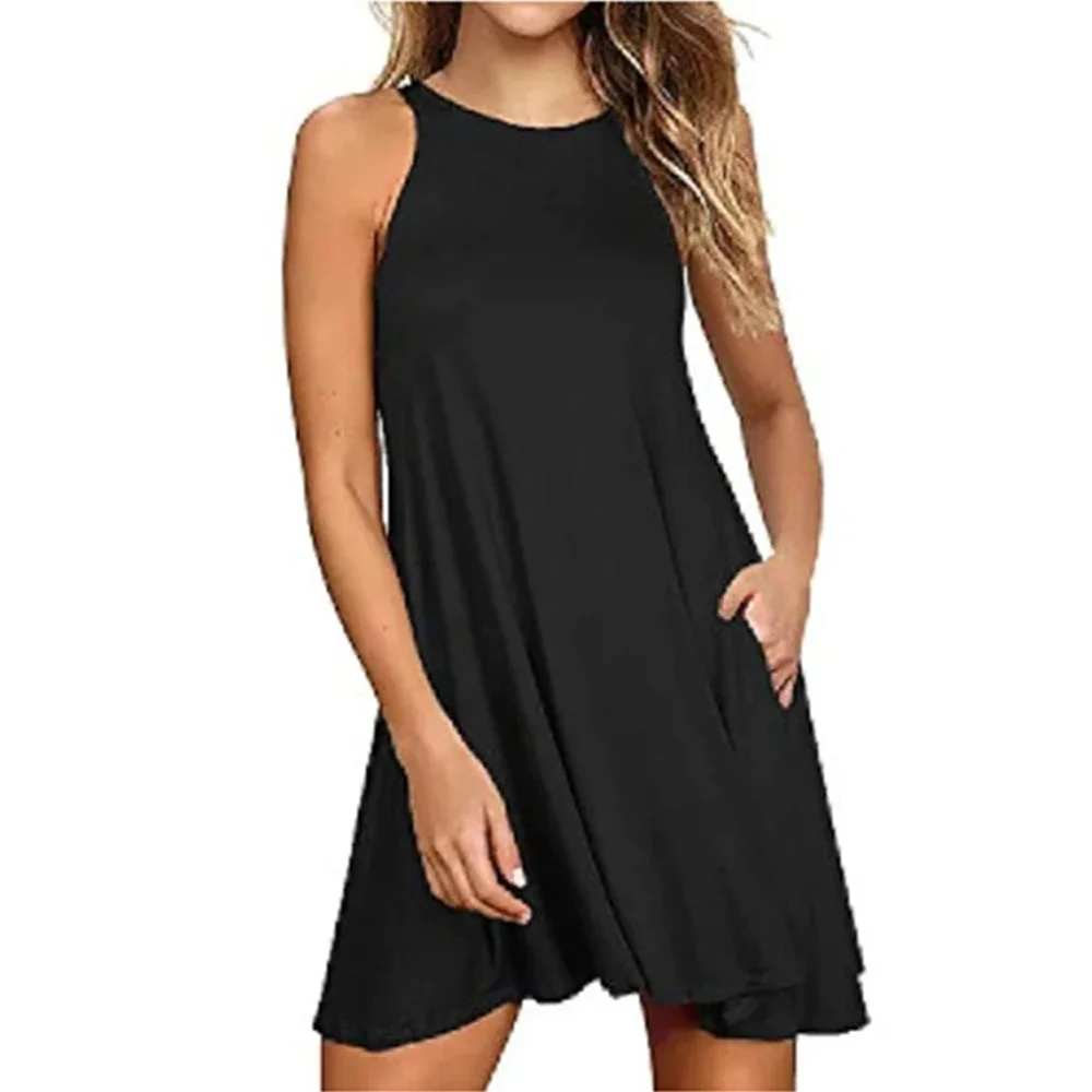 Damenkleid, Sommer, lässig, T-Shirt-Kleider, Strandkleid, einfarbig, plissiert, Tank-Taschen-Kleid