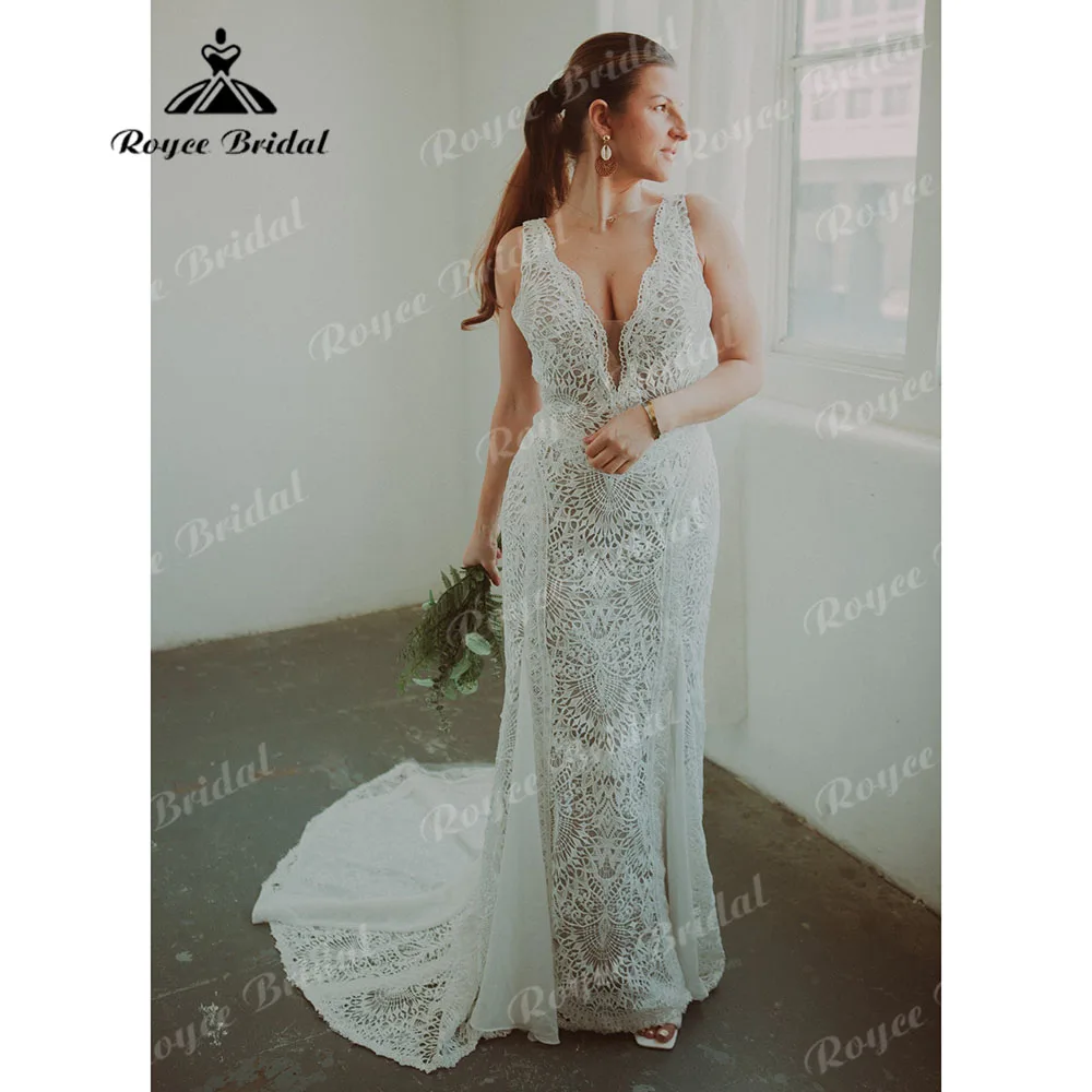 Rustic V Neck Lace Cutout Customized Bohemian Wedding Party Dress for Women 2025 Elopement Open Back Bridal Gown vestido de novi