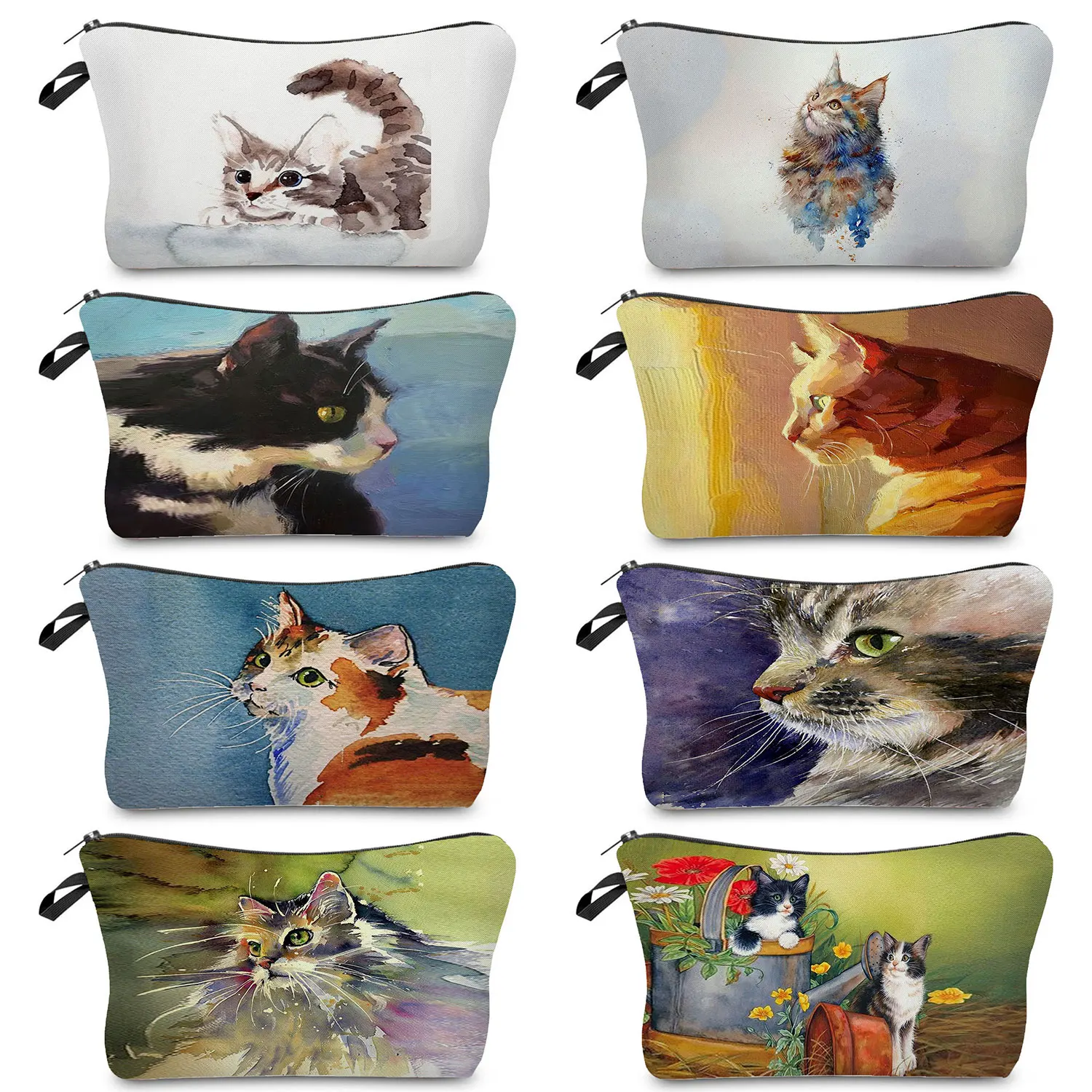 Customized Cute Cat Oil Painting Womens Designer Cosmetic Bag Eco Reusable Mini Toiletry Kit Creative Printed Travel Makeup Bag