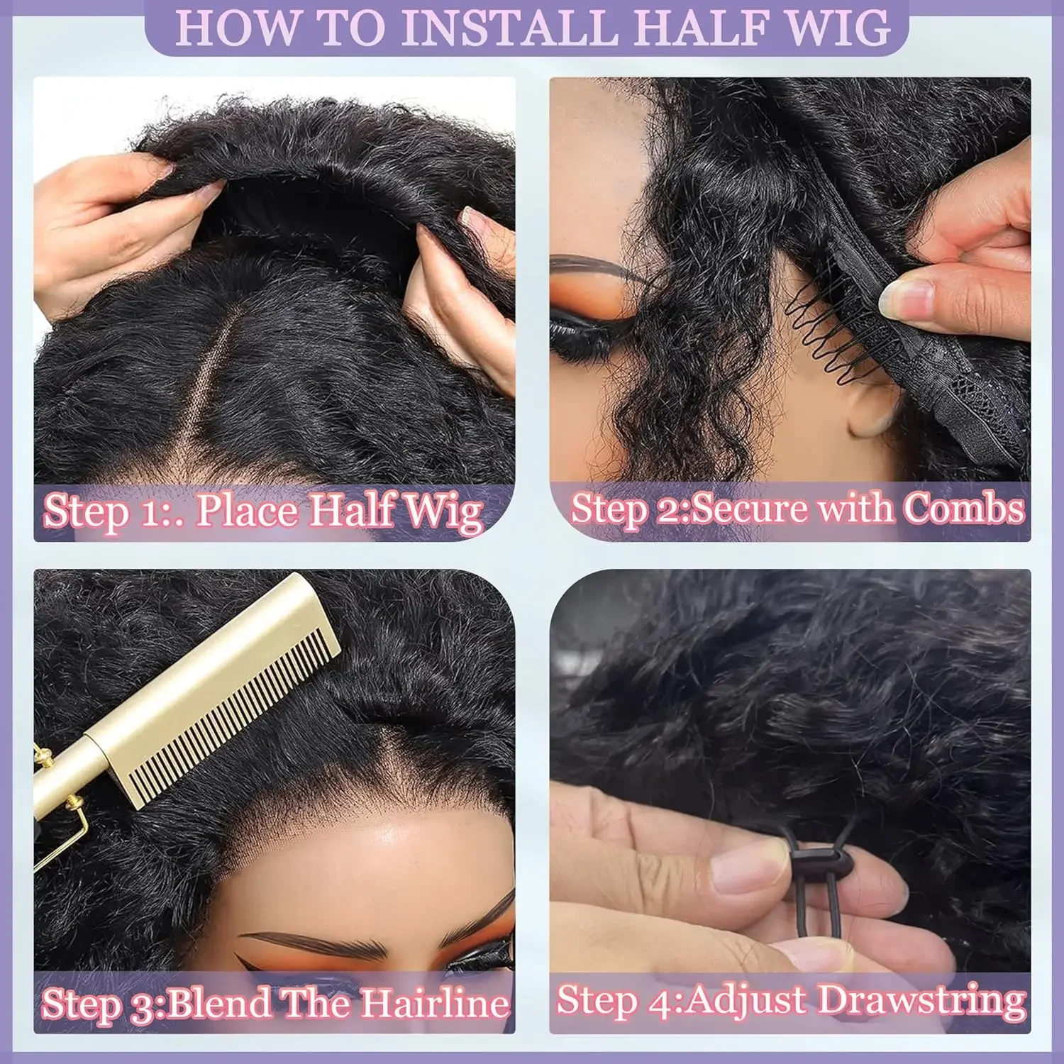 Kinky Curly 3 IN 1 Half Wig Human Hair Wear and Go Deep Curly  Wig Machine Made Clip-in Upgrade Human Hair Wigs