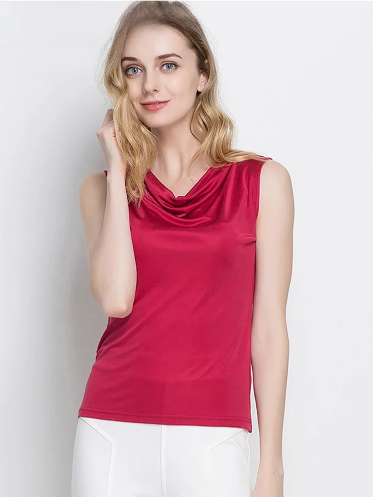SuyaDream Natural Silk Women Jersey Tanks Draped Collar Solid Summer Vests 2025 Summer T Shirt White Black Pink — zdjęcie 2