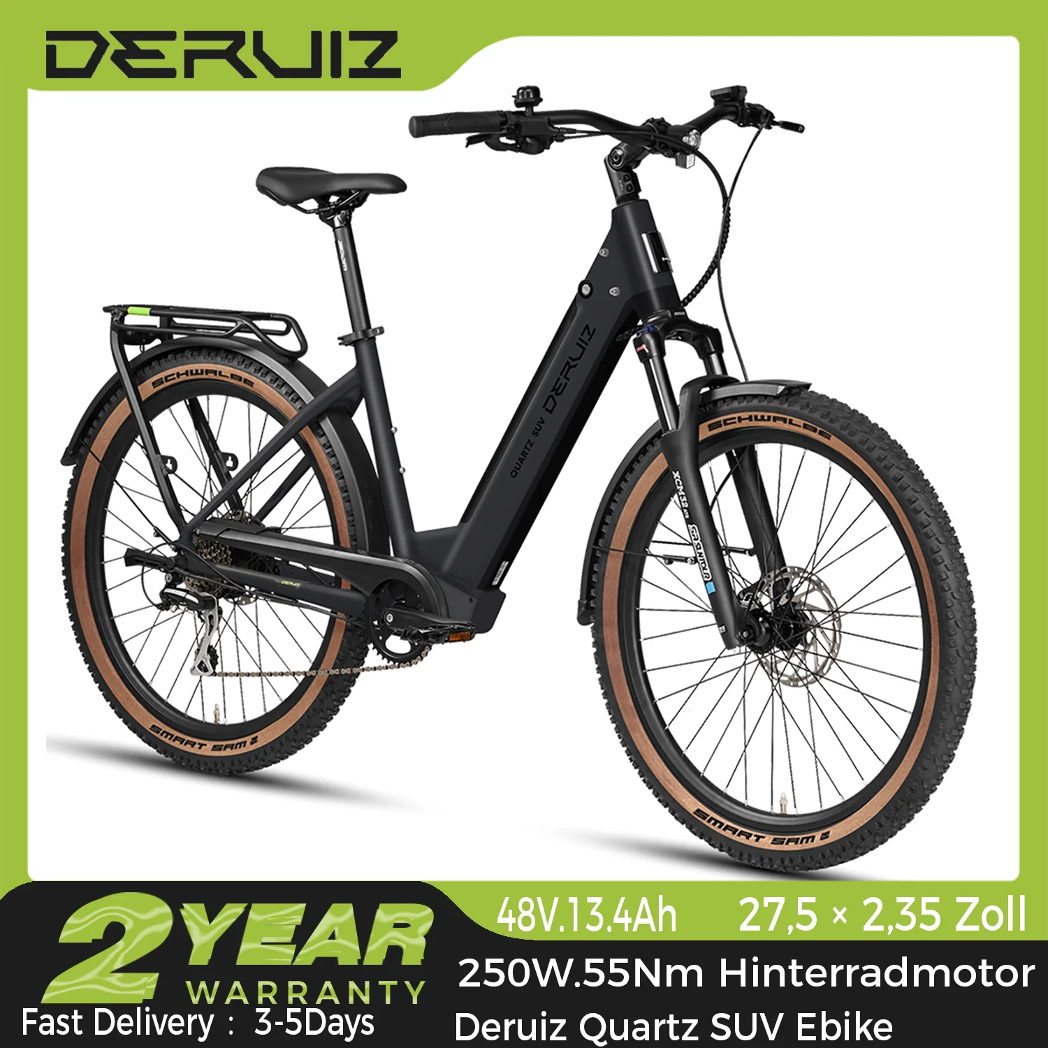 DERUIZ Quartz SUV Vélo Électrique, E-Bike 27,5 pouces avec capteur de couple et de cadence, batterie 48V 644Wh jusqu'à 160 km d'autonomie, freins hydrauliques pour hommes et femmes