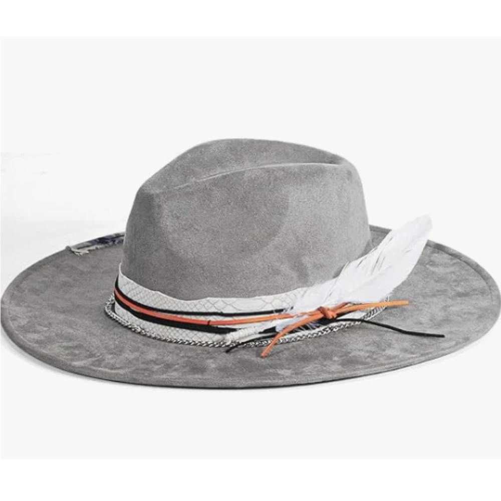 

New western suede hat, distressed patchwork with feather decoration, retro and fashionable wide brim, suitable for outdoor activ