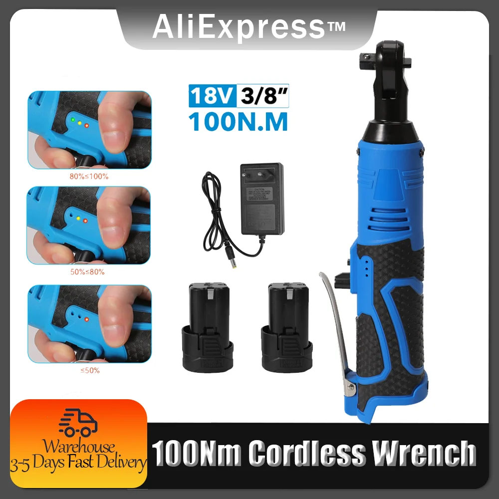 18V Cordless Electric belt 100Nm Right Angle Ratchet Wrenches Impact Rechargeable 3/8 Inch Car Repair Tool Set Angle wench