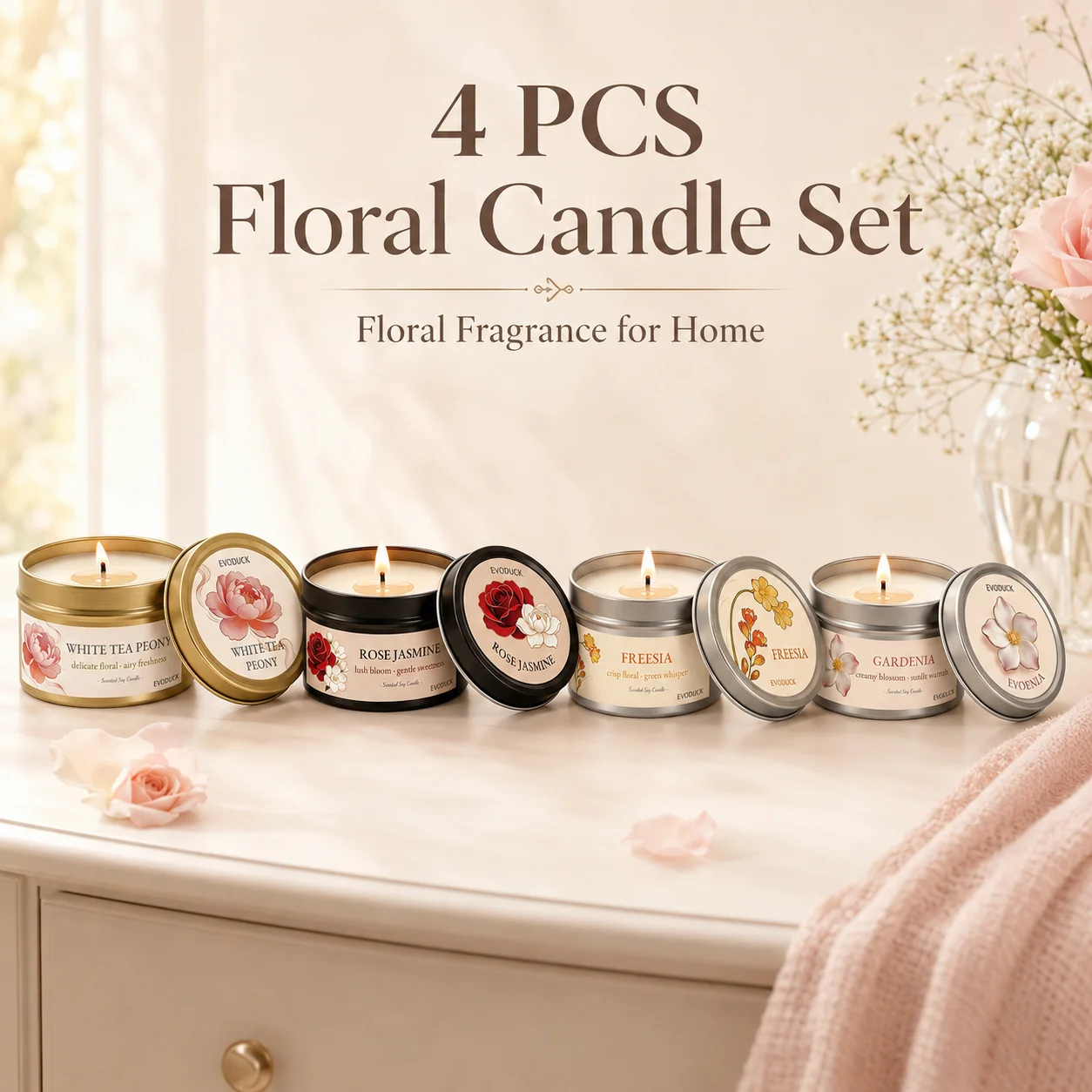 4Pcs Floral Scented Candle Set - đánh giá và giá Home Fragrance White Jasmine