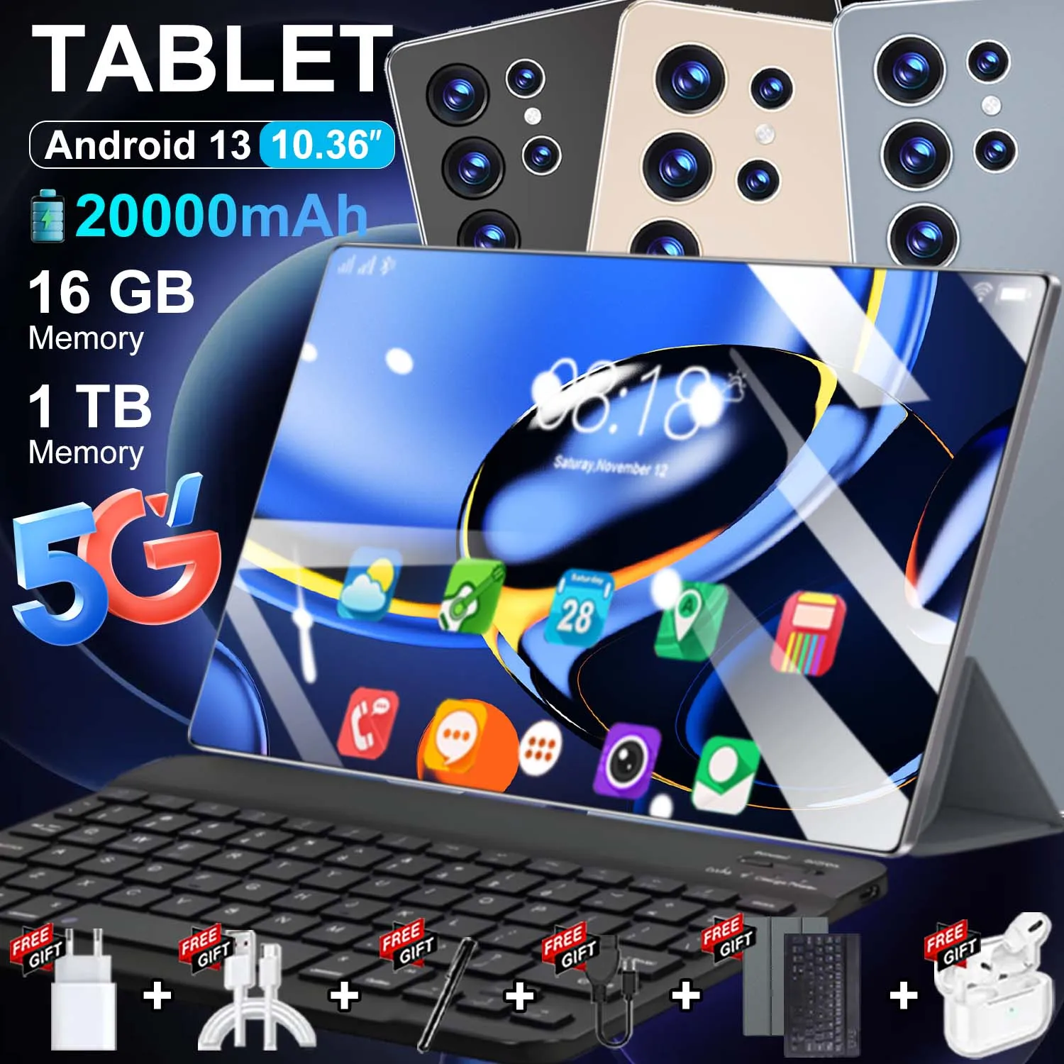 Versión Global, Tablet de 10.36 Pulgadas, 20000mAh, 14 Núcleos, Android 16GB 1TB, 4K HD, 5G WIFI, Bluetooth, WPS, Android 13.0, Nueva