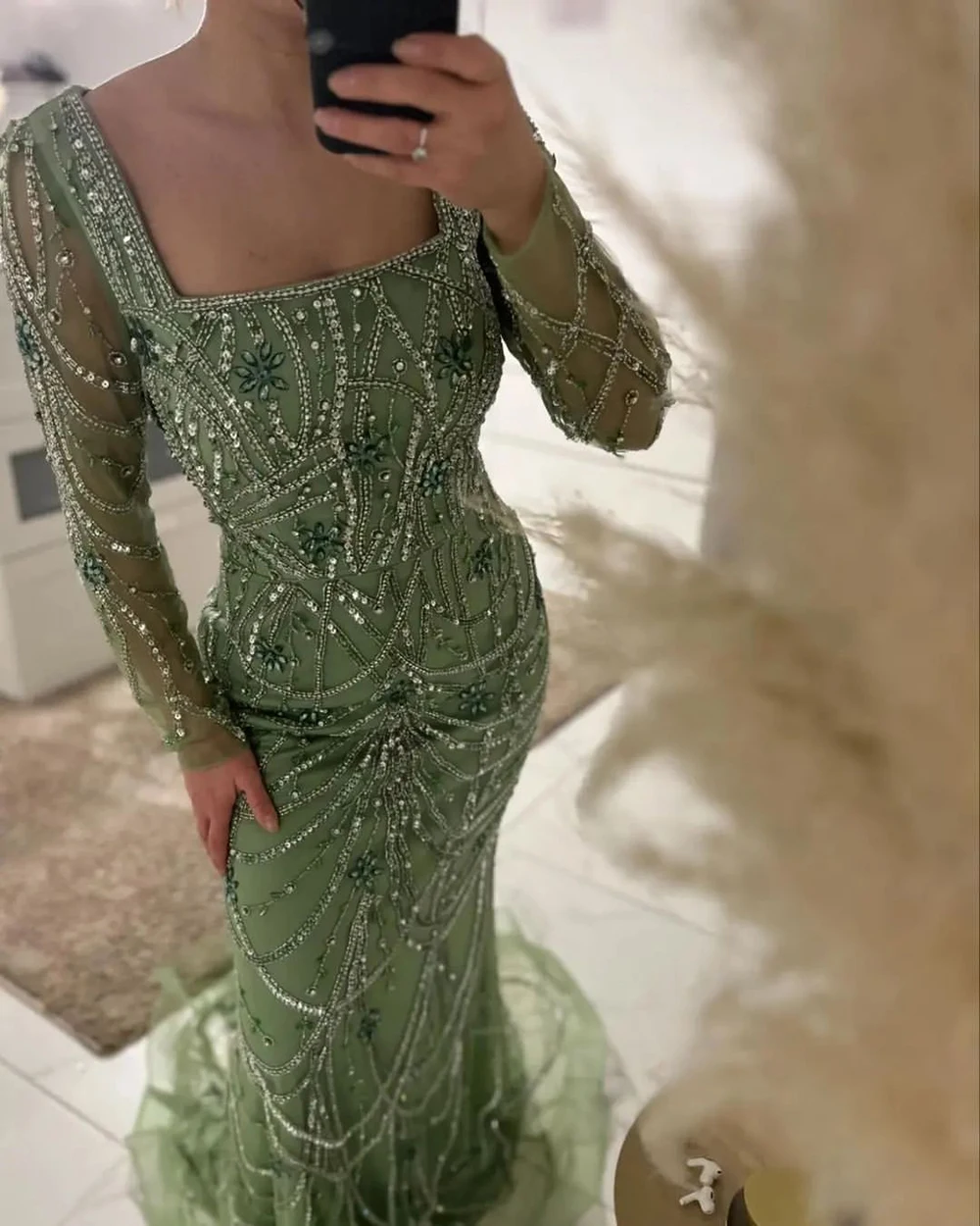 Luxury Green Mermaid Evening Dress for Women 2024 Crystal Beads Arabic Long Sleeves Formal Prom Wedding Party Gown Customized