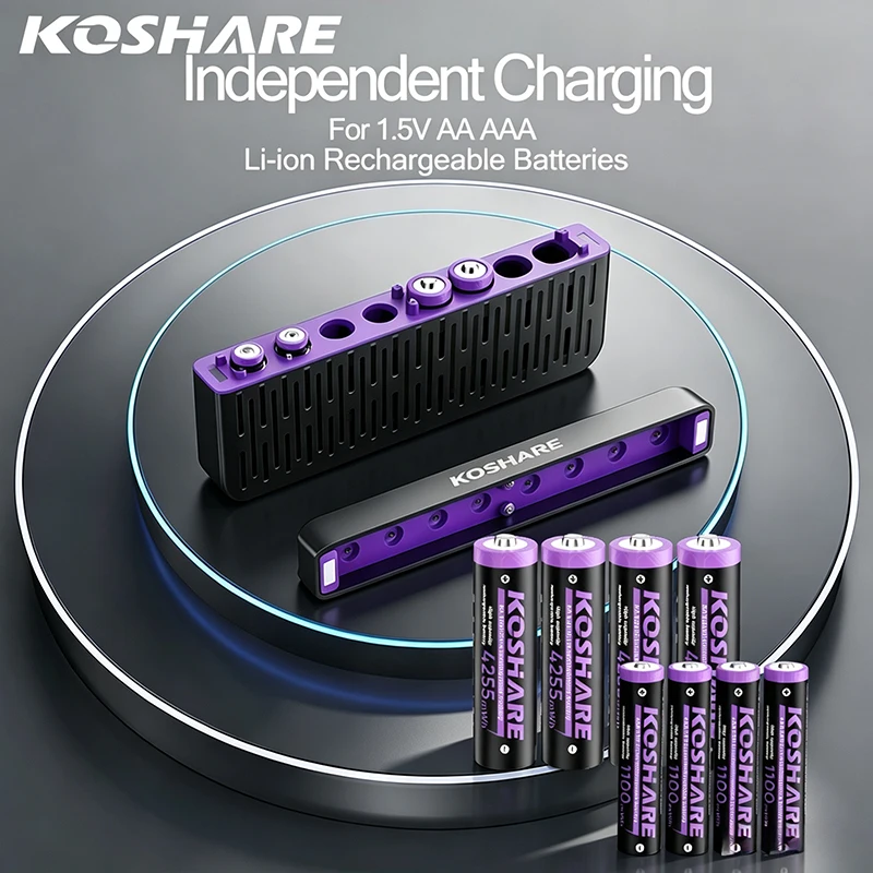 KOSHARE AA AAA Rechargeable Batteries With 8 Slot LED Smart Battery Charger 1.5V High Capacity 4255mWh 1100mWh Lithium Battery