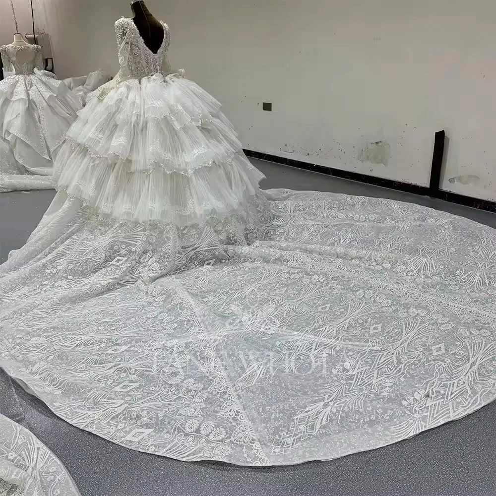 رداء Mariage بأكمام طويلة على شكل قلب مطرز بالكريستال فستان زفاف بأربطة من الخلف فستان زفاف فيستدو دي نوفيا