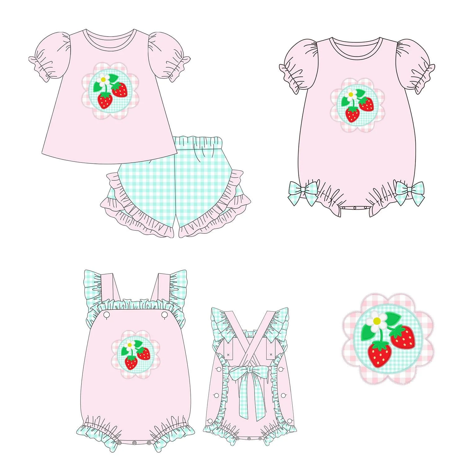 Boutique Children's Clothing Set Girls' Romper Set featuring Bows Ruffles and Strawberry Prints Pink Series Wholesale Available