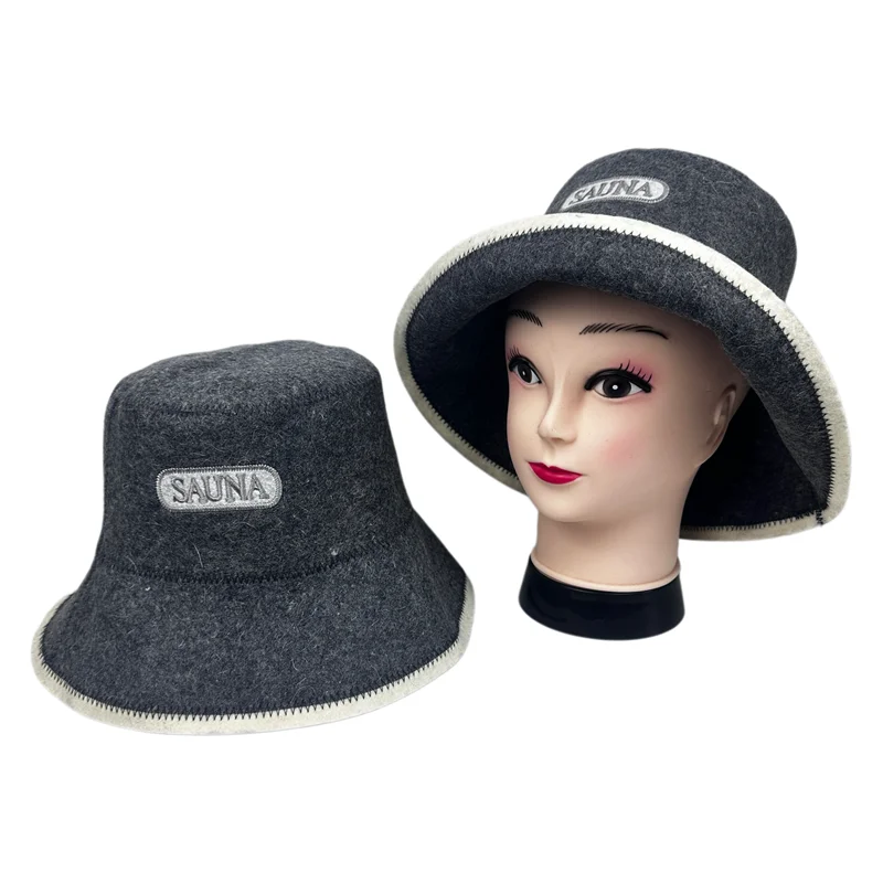 2Pcs Breathable Wool SAUNA Bucket Hat Grey Embroidered Banya Hat Gift Insulating Headgear One Size Fits All