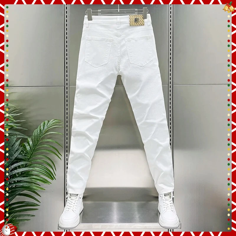 

sizes 28-38,Men's summer white slim-fit trousers, made of Lyocell fiber, soft, cool, and stretchy, casual denim fabric.