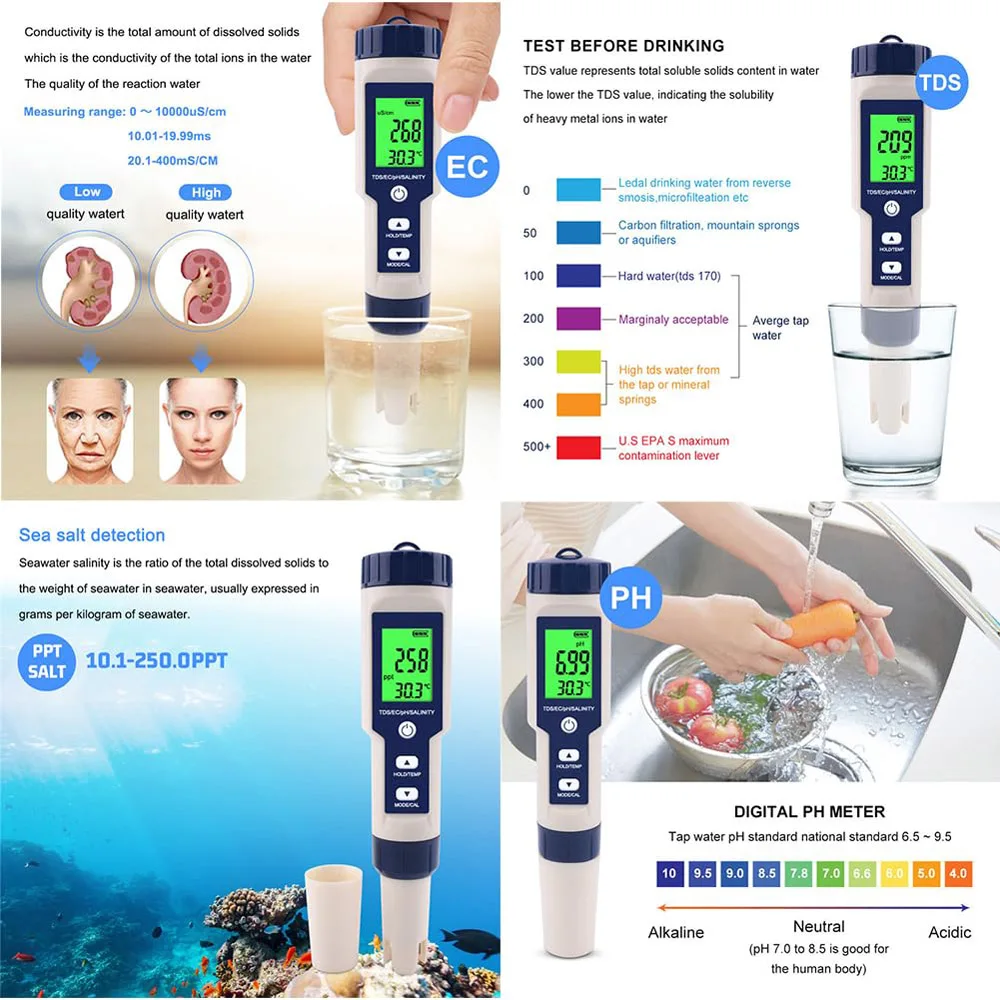 5 In 1 Digital Water Quality Tester pH TDS EC Salinity Temperature Meter LCD Testing Pen For Drinking Water Aquarium Pool Hydroponics