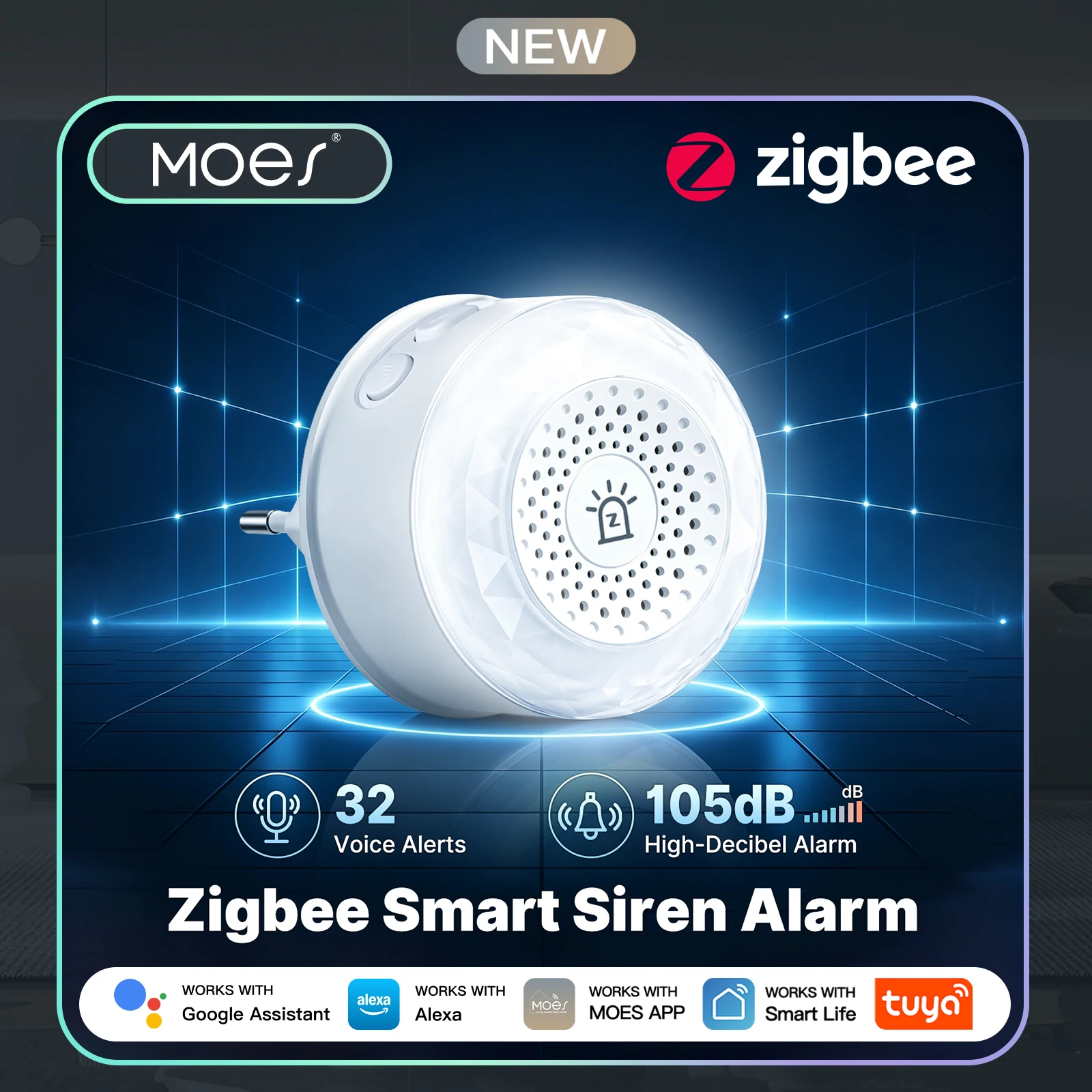 MOES Tuya Zigbee Plug-in Smart-Sirene Alarm RGB-Atemlicht Sprachwarnungen Hohe Lautstärke Kompatibel mit Alexa Google Home Sicherheit