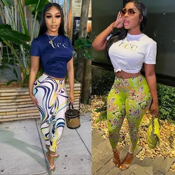 YUHE 2022 Summer and Autumn New Women's Casual Retro Printed Short-Sleeved Trousers Two-Piece Round Neck Nightclub Street ST2448