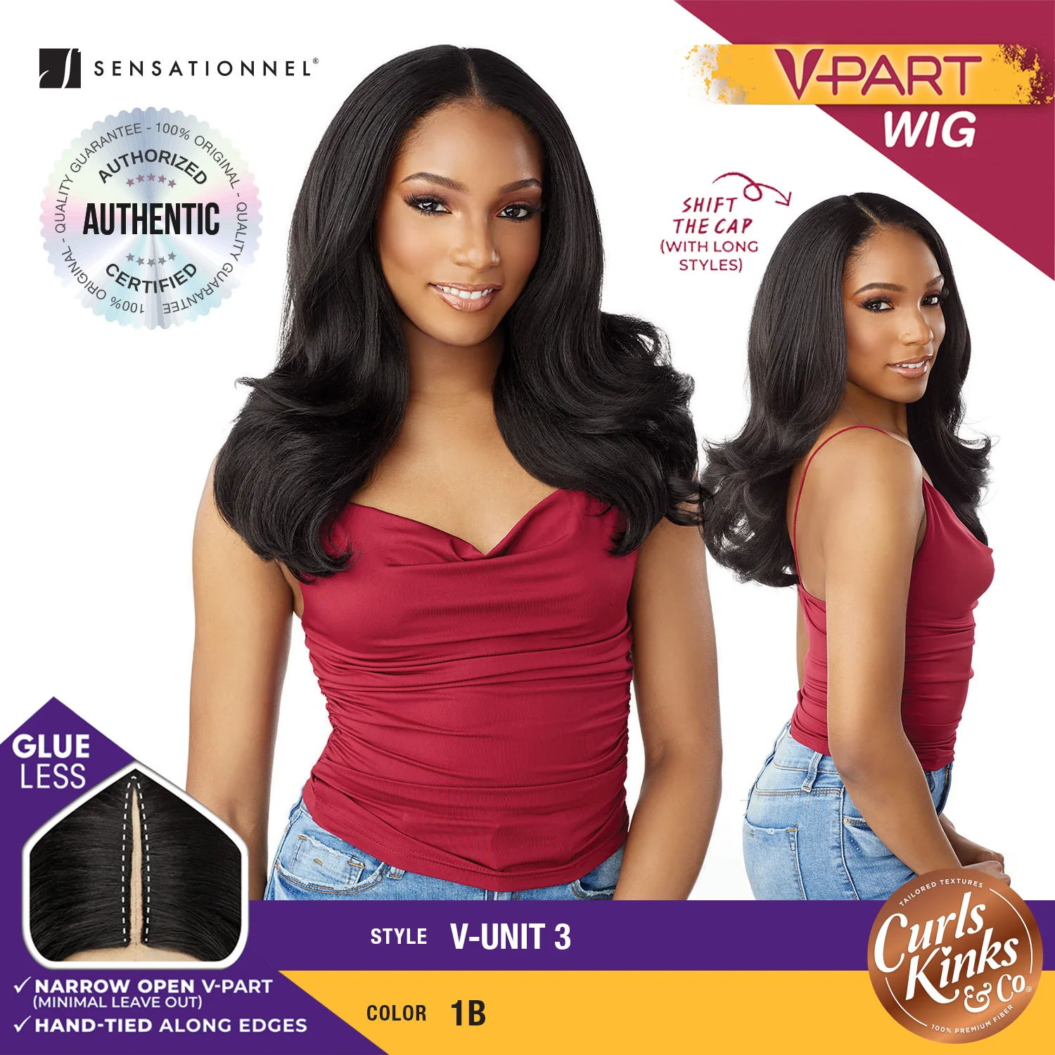 Sensationnel Curls Kinks N Co V-Part Wig Glueless V-Unit 3 – Glueless Design, Natural Curls, Easy Wear, Perfect Fit