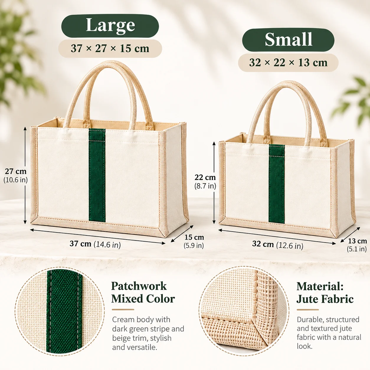 Women's Jute Tote Bag – Eco-friendly Canvas Shoulder Bag with Green Stripe – Casual Beach Bag for Shopping & Travel (Large/Small)