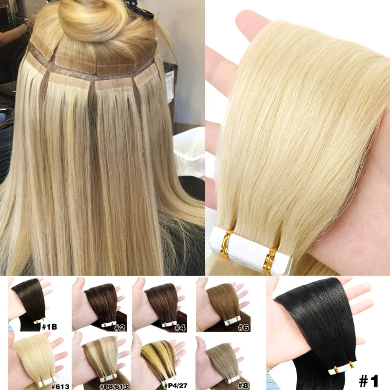 

Накладные волосы на лентах из натуральных человеческих волос 613, шелковистые, прямые, бесшовные, невидимые, 16-26 дюймов, натуральный цвет, для женщин, 50 г