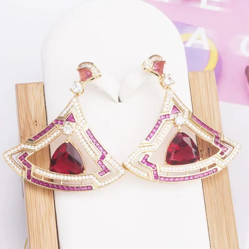 European and American fashion style high-end jewelry women red blue zircon fan personality atmospheric earring necklace