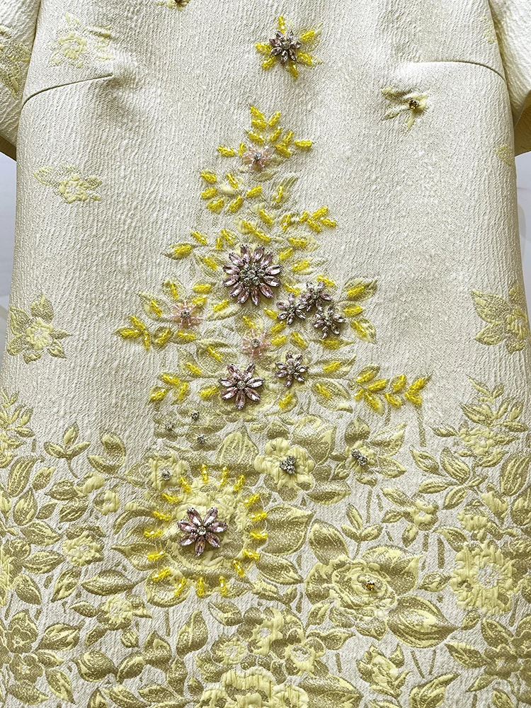 2026 Women Embossed Jacquard Beaded A-Line Dress Short Sleeve Round Neck Elegant Summer Ladies Fashion Dress - Image 6