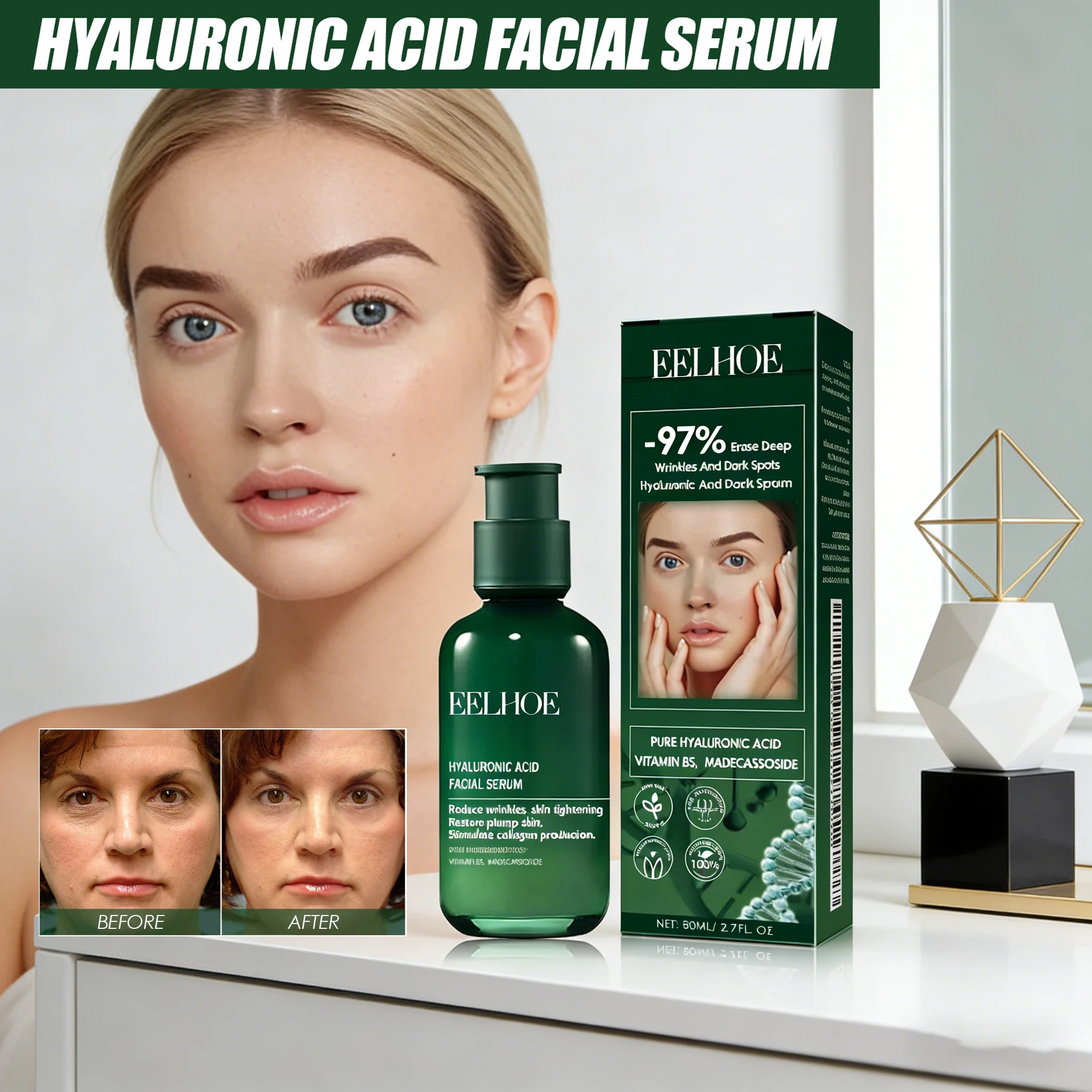 

Сыворотка для лица EELHOE с гиалуроновой кислотой: подтягивающая, омолаживающая, увлажняющая и питательная, с никотинамидом