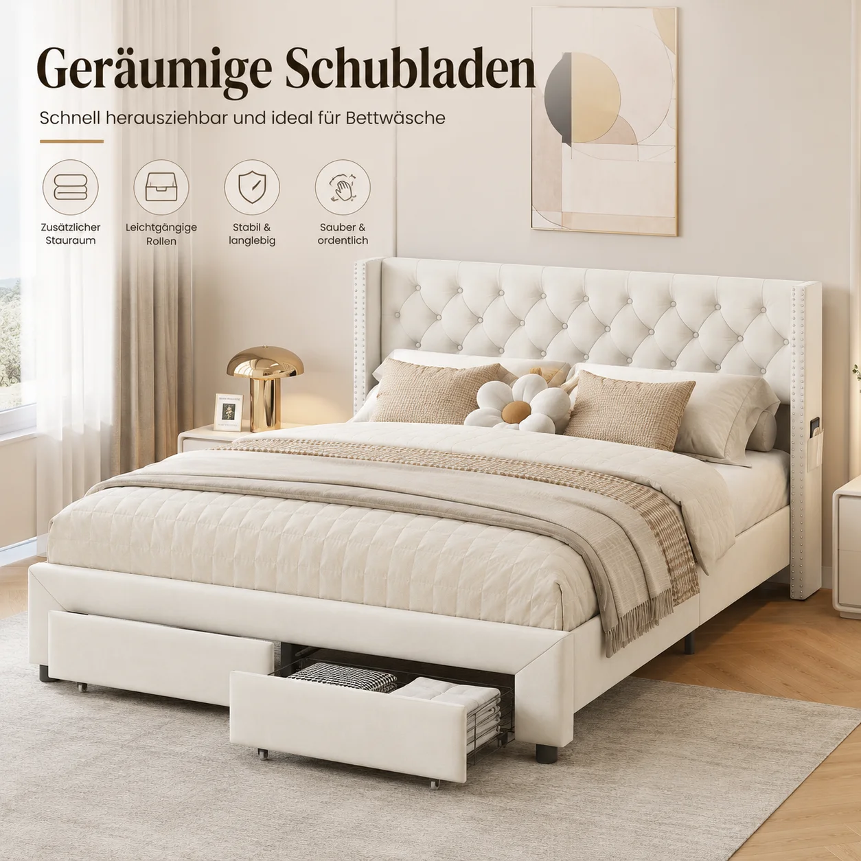 Letto matrimoniale in velluto 160x200 cm con spazio contenitore, 2 cassetti, con struttura letto a righe, senza materasso, beige