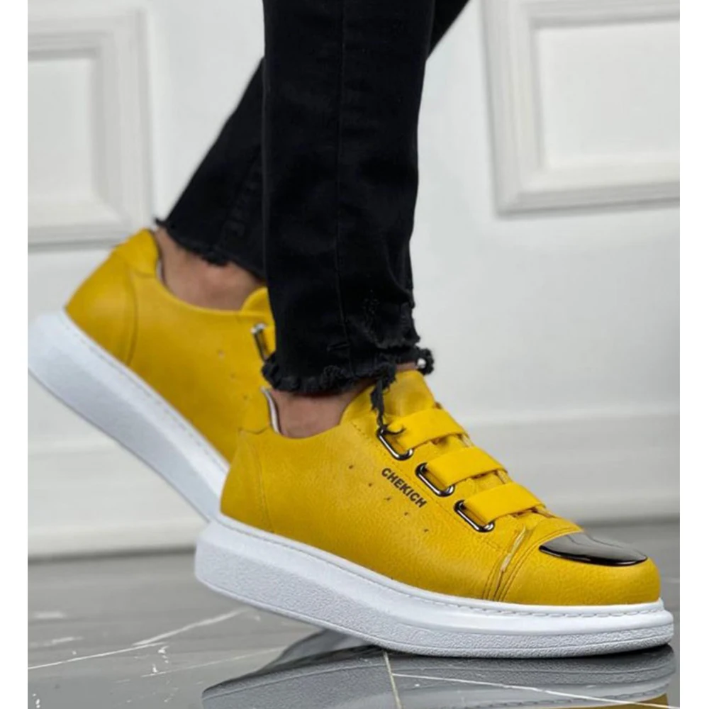 FOH Store MShoes BT YELLOW Color Elastic Band Closure Artificial Leather Spring and Autumn Seasons Slip On Comfortable 2023 Fashion Wedding Orthopedic Suits Comfort Lightweight Casual Odorless Breathable 251