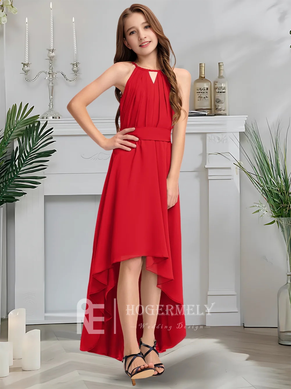 A Child Navy Halter Junior Bridesmaid Dress Flower Girl Dress Chiffon With Bow Pleats Wedding For Kid Girls Party Formal Dresses