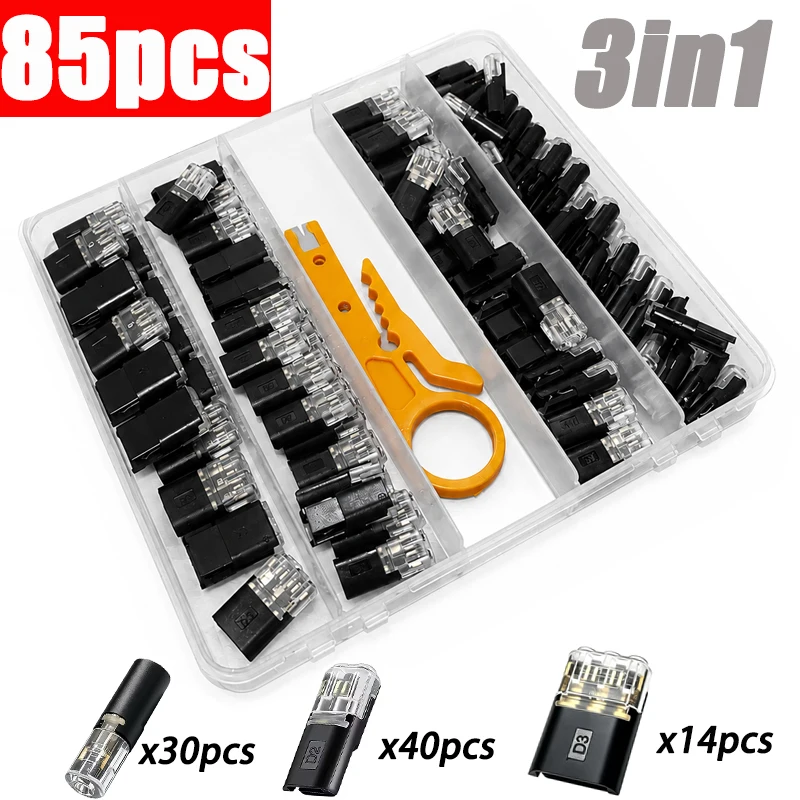 85pcs Quick Connect 1 Pin, 2 Pin, 3 Pin Terminals, No Wire Stripping, Insert Connector 3-in-1 Set, Quick Connect Terminals,
