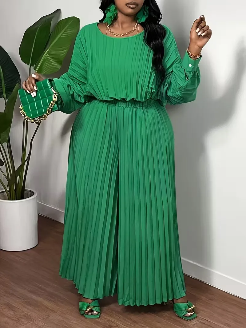 ชุดเซ็ตสองชิ้น เสื้อแขนยาวสีพื้นทรงหลวมสำหรับผู้หญิง กางเกงขายาวทรงกว้างจีบ