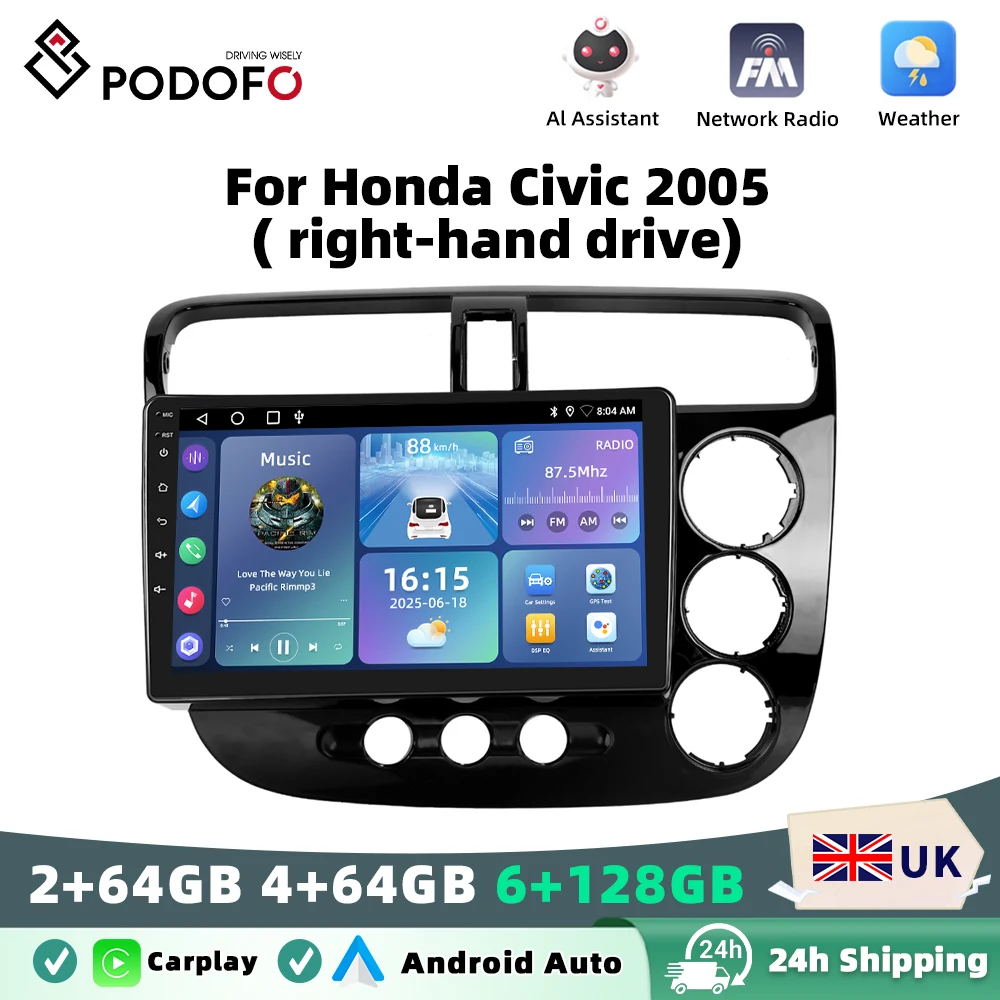 Podofo Android Car Radio For Honda Civic 2005( right-hand drive)Android Auto Multimedia Player GPS Navigation RDS BT Head Unit