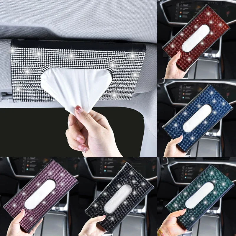 1 szt Samochodowy uchwyt na chusteczki z kryształkami Wysokiej klasy luksusowa osłona przeciwsłoneczna Wielokolorowe papierowe pudełko Bling Auto Interior Storage Akcesoria samochodowe — zdjęcie 2