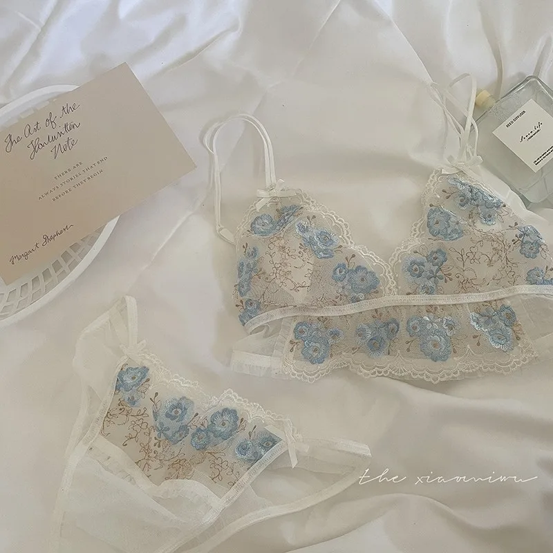 Sexy White Lingerie Set French Lace Blue Flowers Embroidery Bra Set Women Ultra Thin Breathable Underwear Triangle Cup Bralette