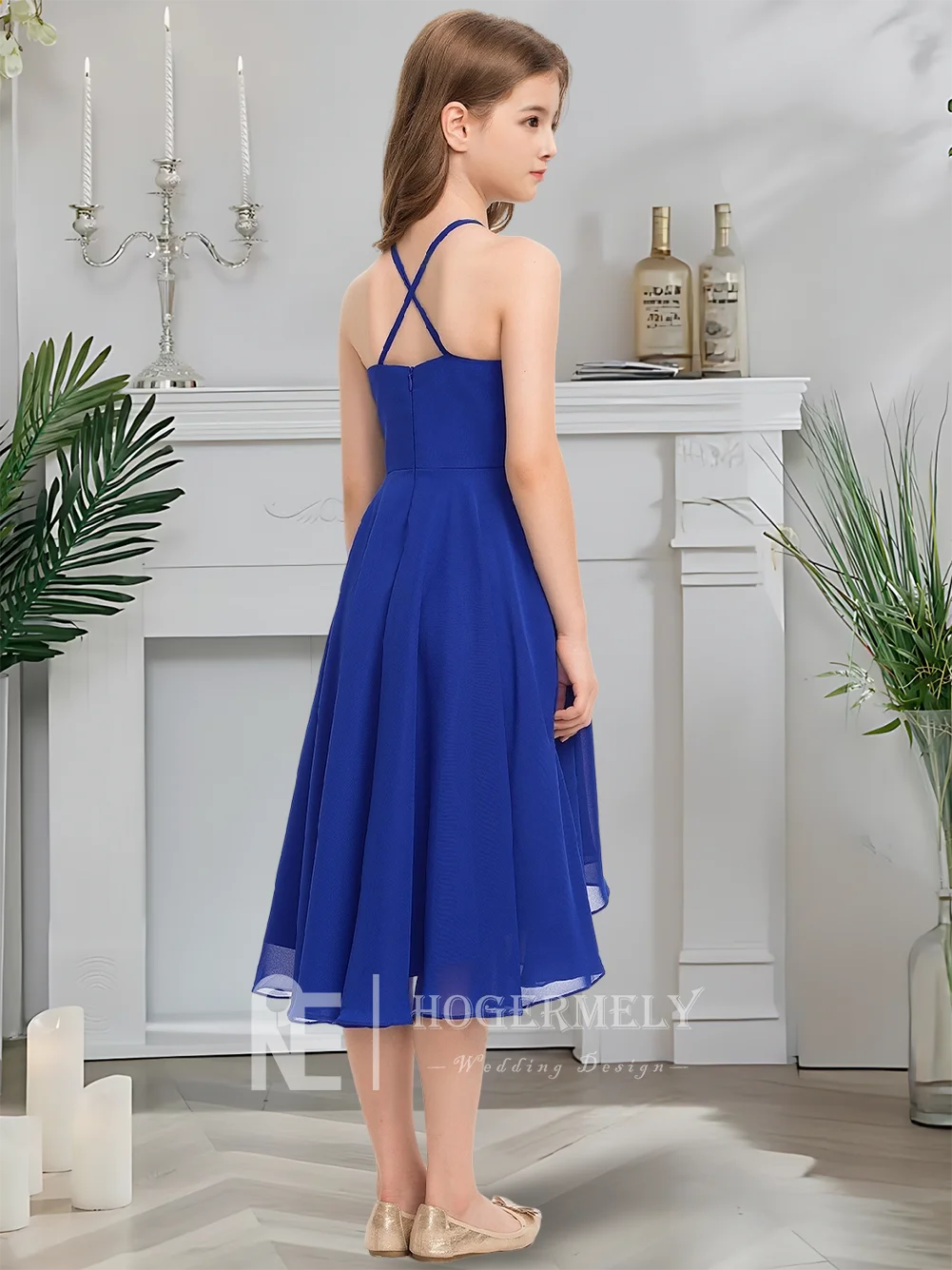 

B Kids Child A-Line Halter Chiffon Junior Bridesmaid Dress Sapphire Flower Girl Dress Summer Communion Party Gown For Juniors