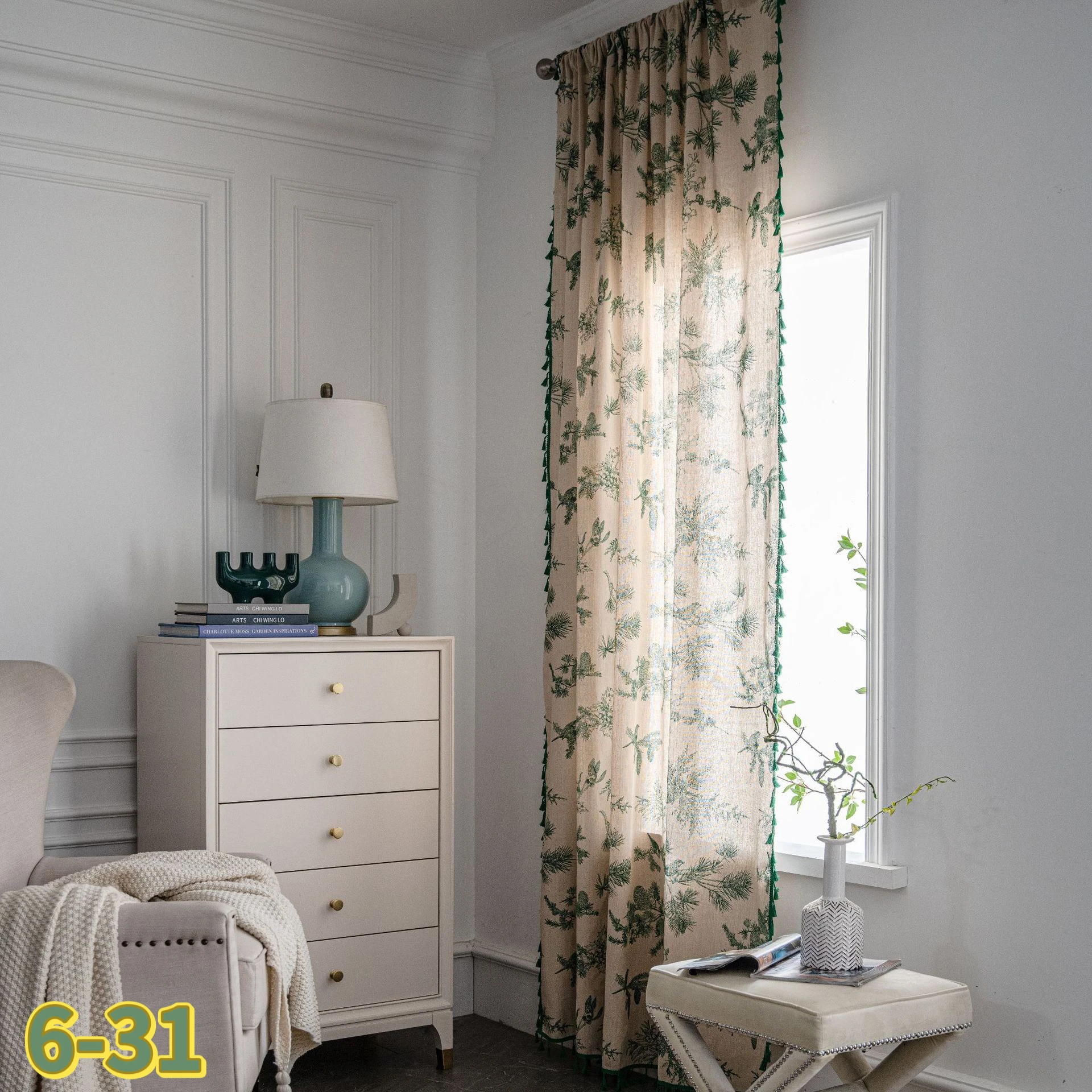 

Finished curtains cotton and linen printed green pine cone homestay curtains semi-blackout kitchen curtains