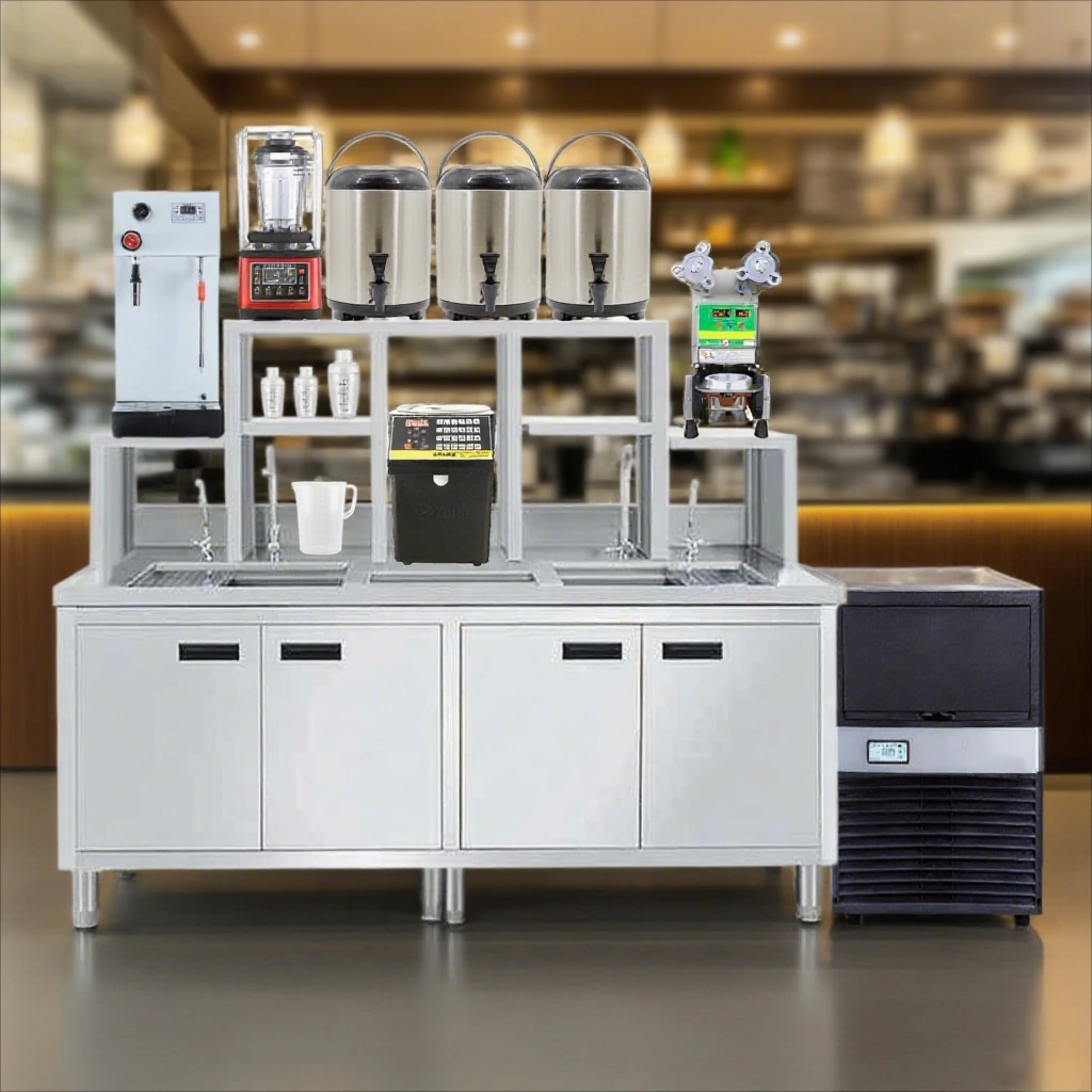 

Commercial Kitchen Equipment Complete Bubble Tea Station Stainless Steel Milk Tea Workstation With Sink